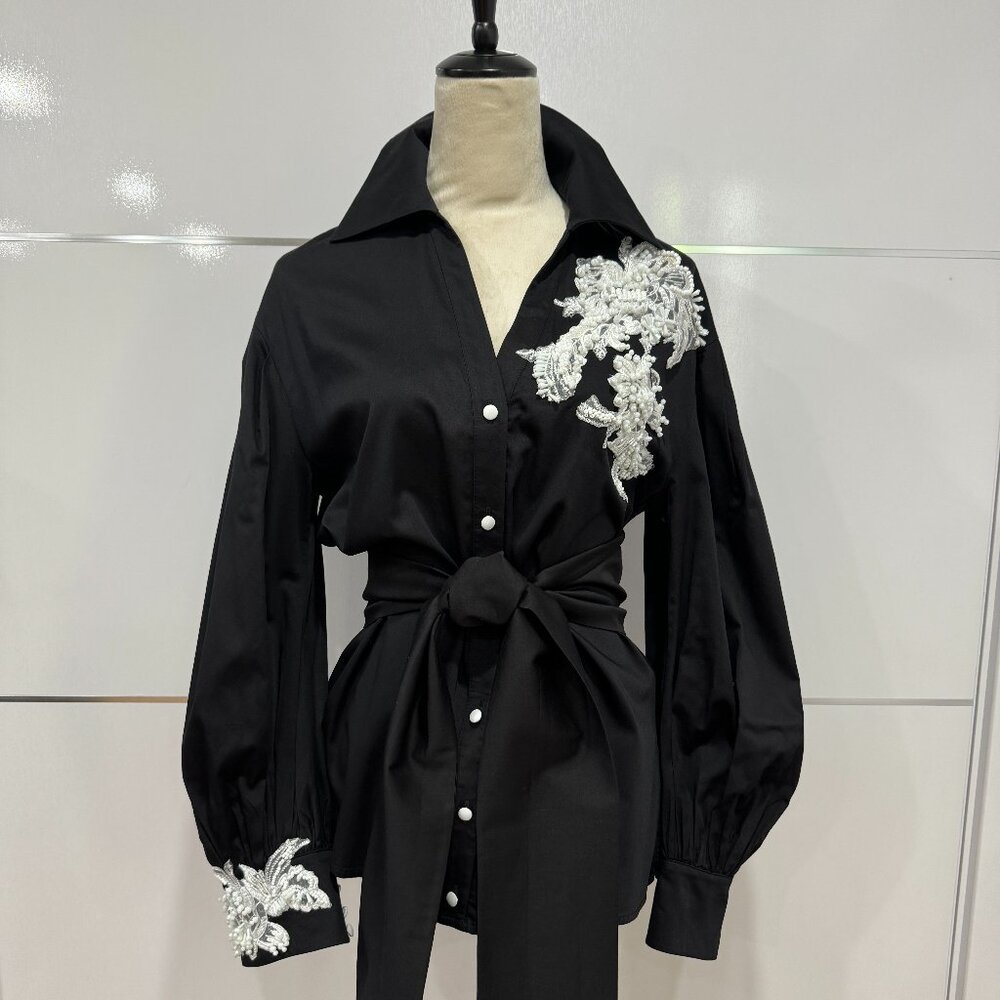 GIZIA Belted Embroidery Detailed Voluminous Sleeve Black Blouse, Size 38 - Picture 13 of 17